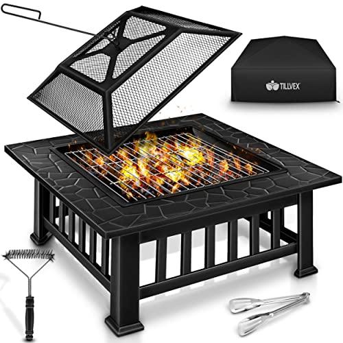 tillvex Feuerschale mit Funkenschutz & Grillrost | Feuerstelle Outdoor für den Garten | 3 in 1 BBQ...