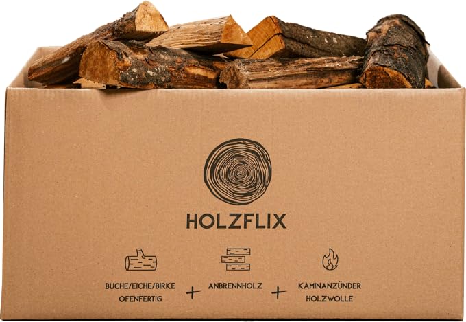 Holzflix original Brennholz Set Buche 30kg/72l Box ofenfertiges Brennholz, Kaminholz...